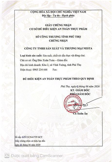 Giấy chứng nhận cơ sở đủ điều kiện an toàn thực phẩm Nesta